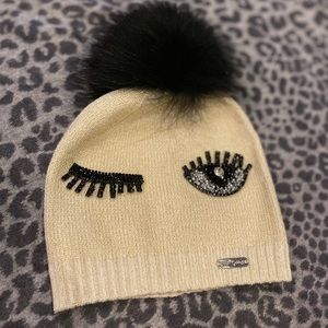 NWT - Winking Eye Rib Knit Beanie w/ Fur Pompom
